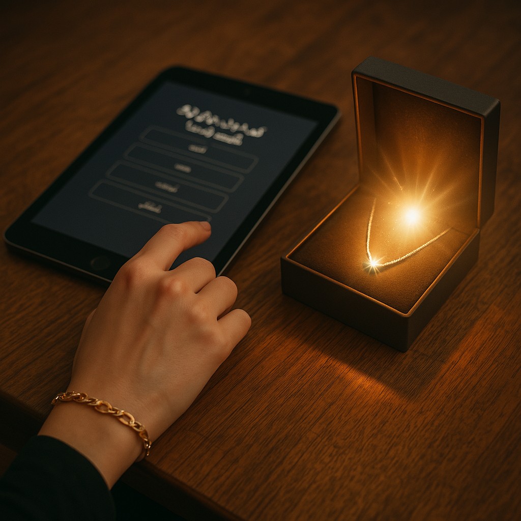 تست شخصیت جواهرات - دست خانم روی میز چوبی با جعبه جواهرات